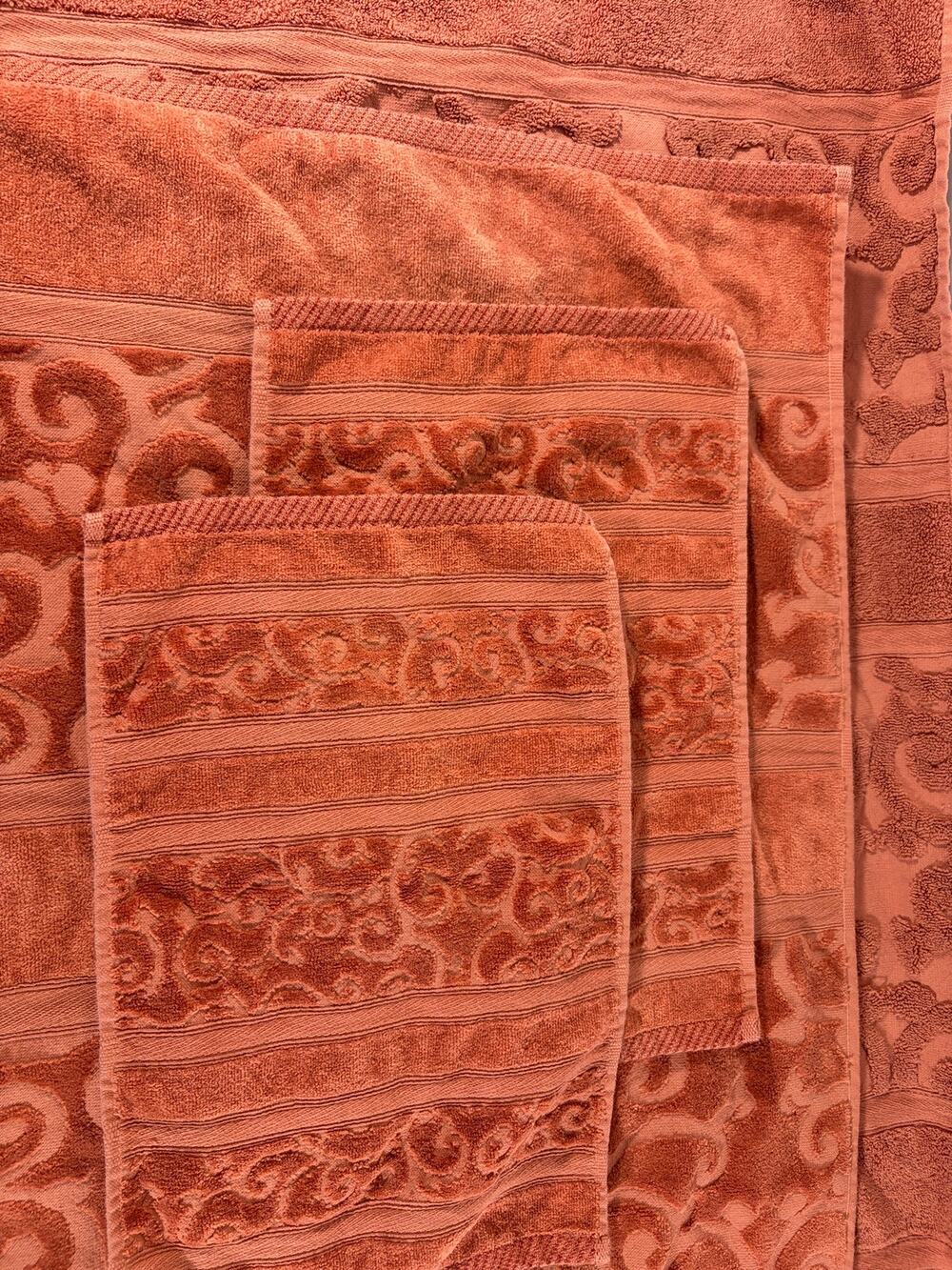 Imperial Scroll Rust Orange Cotton Towel Set 2 Bath 2 Face Floral Scroll